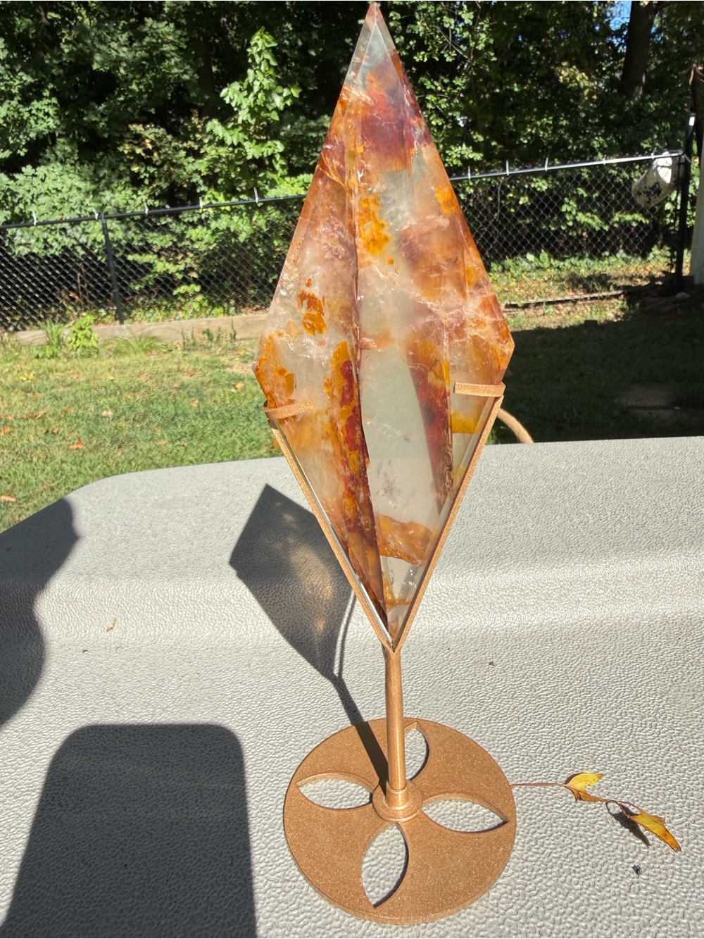 Large Golden Healer & Fire Quartz Diamond on Stand